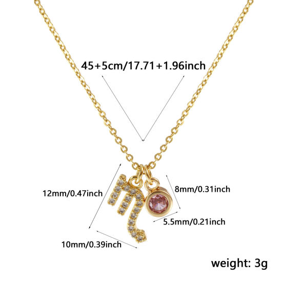 Image de Collier à Breloques Constellation Scorpion Plaqué Or Véritable 18K en Laiton Pour Femmes, Chaîne Maille Forçat 45cm + 5cm, à Zircone Cubique Rose octobre Micro Pave, Exquis Pierres de Naissance Cadeau, Respectueux de la Nature, 1 Pièce
