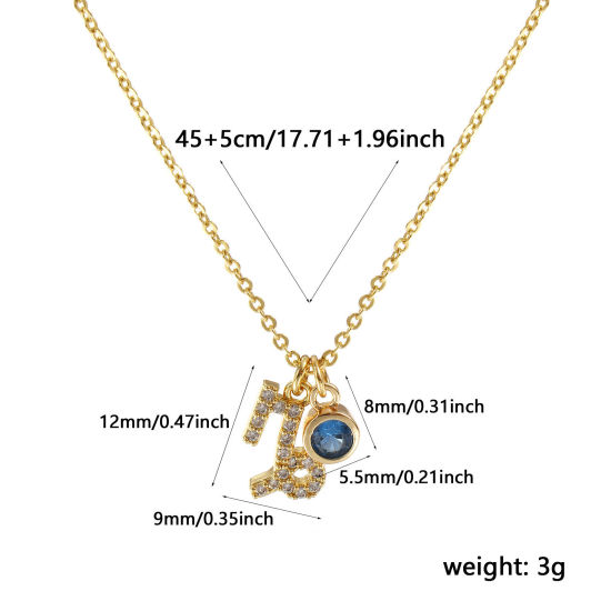 Image de Collier à Breloques Constellation Capricorne Plaqué Or Véritable 18K en Laiton Pour Femmes, Chaîne Maille Forçat 45cm + 5cm, à Zircone Cubique Bleu de l'Eau décembre Micro Pave, Exquis Pierres de Naissance Cadeau, Respectueux de la Nature, 1 Pièce
