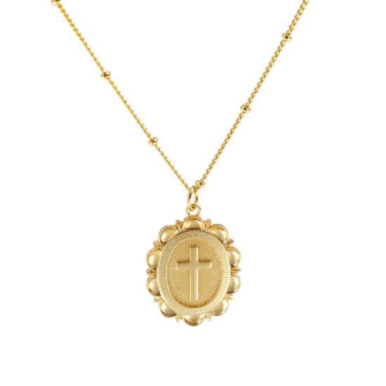 Imagen de 18K Oro Real Chapado Cadenas de Curb Óvalo Collar con Colgante, Latón 45cm + 5cm, Para Mujeres, Cruz Retro Religión Regalo, Respetuoso del Medio Ambiente, 1 Unidad