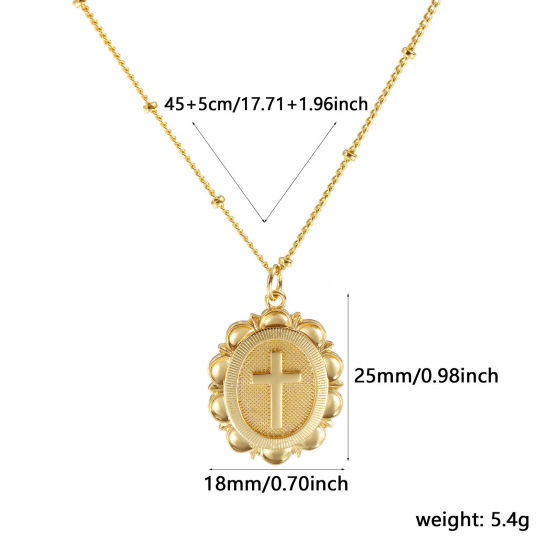 Imagen de 18K Oro Real Chapado Cadenas de Curb Óvalo Collar con Colgante, Latón 45cm + 5cm, Para Mujeres, Cruz Retro Religión Regalo, Respetuoso del Medio Ambiente, 1 Unidad