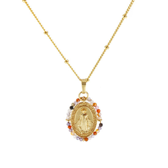 Imagen de 18K Oro Real Chapado Cadenas de Curb Óvalo Collar con Colgante, Latón & Vidrio 45cm + 5cm, Para Mujeres, Virgen María Multicolor Doble Cara, Retro Religión Regalo, Respetuoso del Medio Ambiente, 1 Unidad