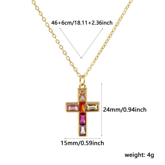 Imagen de 18K Oro Real Chapado Cadena de Cable Cruz Cruz Collar con Colgante, Latón 46cm + 6cm, Para Mujeres, Multicolor Rhinestone Retro Religión Regalo, Respetuoso del Medio Ambiente, 1 Unidad
