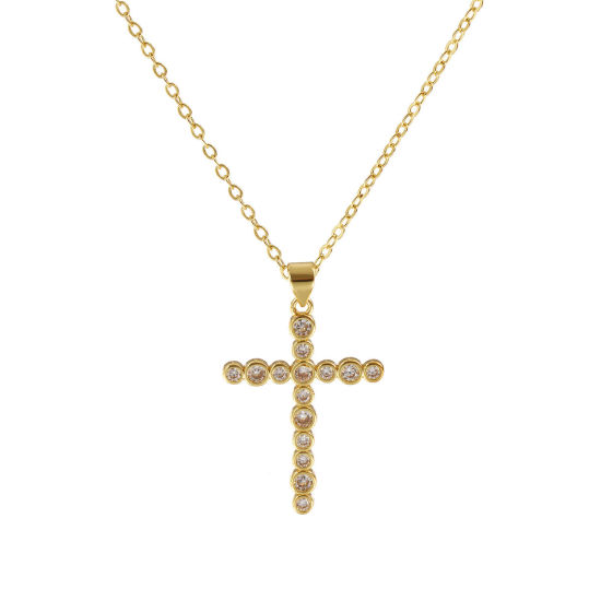 Imagen de 18K Oro Real Chapado Cadena de Cable Cruz Cruz Collar con Colgante, Latón 46cm + 6cm, Para Mujeres, Claro Circón Artificial Micro Pave, Retro Religión Regalo, Respetuoso del Medio Ambiente, 1 Unidad