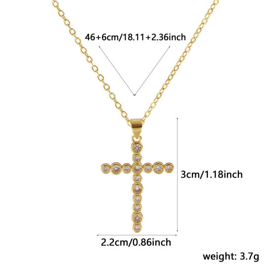 Imagen de 18K Oro Real Chapado Cadena de Cable Cruz Cruz Collar con Colgante, Latón 46cm + 6cm, Para Mujeres, Claro Circón Artificial Micro Pave, Retro Religión Regalo, Respetuoso del Medio Ambiente, 1 Unidad