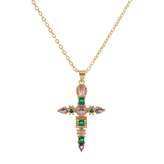 Imagen de 18K Oro Real Chapado Cadena de Cable Cruz Cruz Collar con Colgante, Latón 46cm + 6cm, Para Mujeres, Multicolor Circón Artificial Micro Pave, Retro Religión Regalo, Respetuoso del Medio Ambiente, 1 Unidad