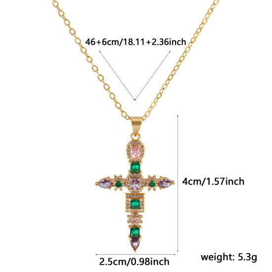 Imagen de 18K Oro Real Chapado Cadena de Cable Cruz Cruz Collar con Colgante, Latón 46cm + 6cm, Para Mujeres, Multicolor Circón Artificial Micro Pave, Retro Religión Regalo, Respetuoso del Medio Ambiente, 1 Unidad