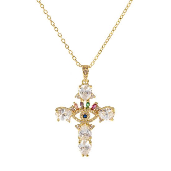 Imagen de 18K Oro Real Chapado Cadena de Cable Cruz Cruz Collar con Colgante, Latón 46cm + 6cm, Para Mujeres, Multicolor Circón Artificial Micro Pave, Retro Religión Regalo, Respetuoso del Medio Ambiente, 1 Unidad