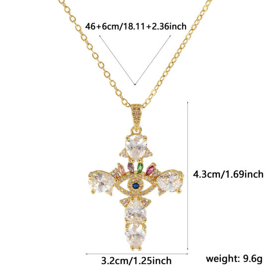 Imagen de 18K Oro Real Chapado Cadena de Cable Cruz Cruz Collar con Colgante, Latón 46cm + 6cm, Para Mujeres, Multicolor Circón Artificial Micro Pave, Retro Religión Regalo, Respetuoso del Medio Ambiente, 1 Unidad