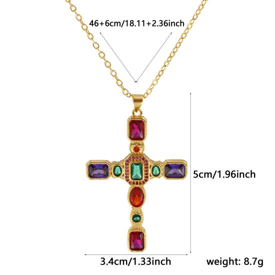 Imagen de 18K Oro Real Chapado Cadena de Cable Cruz Cruz Collar con Colgante, Latón 46cm + 6cm, Para Mujeres, Multicolor Circón Artificial Micro Pave, Retro Religión Regalo, Respetuoso del Medio Ambiente, 1 Unidad