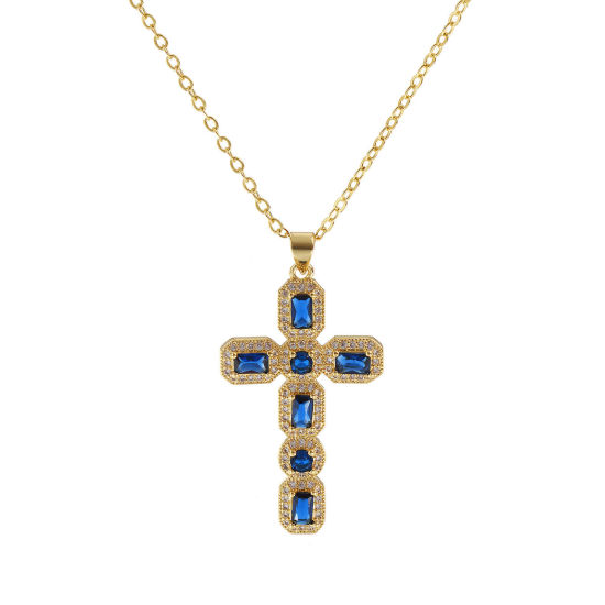 Imagen de 18K Oro Real Chapado Cadena de Cable Cruz Cruz Collar con Colgante, Latón 46cm + 6cm, Para Mujeres, Azul Circón Artificial Micro Pave, Retro Religión Regalo, Respetuoso del Medio Ambiente, 1 Unidad
