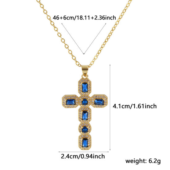 Imagen de 18K Oro Real Chapado Cadena de Cable Cruz Cruz Collar con Colgante, Latón 46cm + 6cm, Para Mujeres, Azul Circón Artificial Micro Pave, Retro Religión Regalo, Respetuoso del Medio Ambiente, 1 Unidad