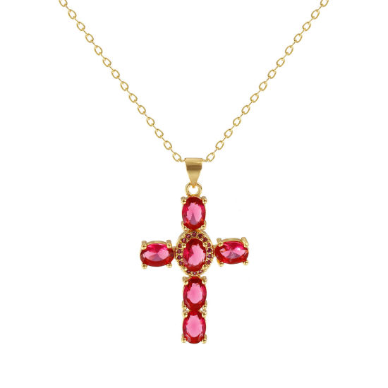 Image de Collier à Breloques Croix Plaqué Or Véritable 18K en Laiton Pour Femmes, Chaîne Maille Forçat 46cm + 6cm, à Zircone Cubique Fuchsia Micro Pave, Religieux Vintage Cadeau, Respectueux de la Nature, 1 Pièce
