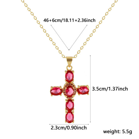Image de Collier à Breloques Croix Plaqué Or Véritable 18K en Laiton Pour Femmes, Chaîne Maille Forçat 46cm + 6cm, à Zircone Cubique Fuchsia Micro Pave, Religieux Vintage Cadeau, Respectueux de la Nature, 1 Pièce