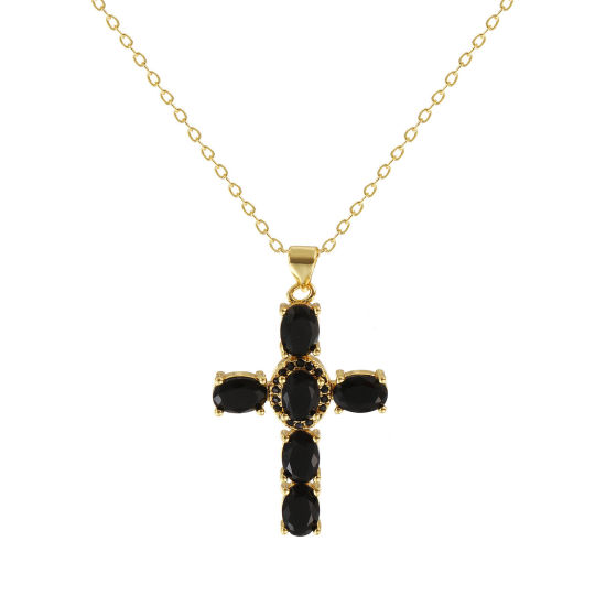 Image de Collier à Breloques Croix Plaqué Or Véritable 18K en Laiton Pour Femmes, Chaîne Maille Forçat 46cm + 6cm, à Zircone Cubique Noir Micro Pave, Religieux Vintage Cadeau, Respectueux de la Nature, 1 Pièce