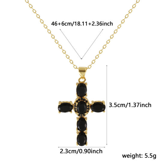Image de Collier à Breloques Croix Plaqué Or Véritable 18K en Laiton Pour Femmes, Chaîne Maille Forçat 46cm + 6cm, à Zircone Cubique Noir Micro Pave, Religieux Vintage Cadeau, Respectueux de la Nature, 1 Pièce