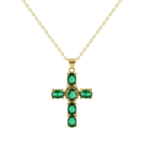 Image de Collier à Breloques Croix Plaqué Or Véritable 18K en Laiton Pour Femmes, Chaîne Maille Forçat 46cm + 6cm, à Zircone Cubique Vert Micro Pave, Religieux Vintage Cadeau, Respectueux de la Nature, 1 Pièce