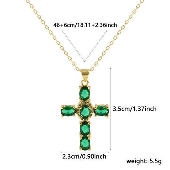 Image de Collier à Breloques Croix Plaqué Or Véritable 18K en Laiton Pour Femmes, Chaîne Maille Forçat 46cm + 6cm, à Zircone Cubique Vert Micro Pave, Religieux Vintage Cadeau, Respectueux de la Nature, 1 Pièce