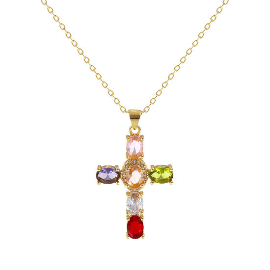 Image de Collier à Breloques Croix Plaqué Or Véritable 18K en Laiton Pour Femmes, Chaîne Maille Forçat 46cm + 6cm, à Zircone Cubique Multicolore Micro Pave, Religieux Vintage Cadeau, Respectueux de la Nature, 1 Pièce