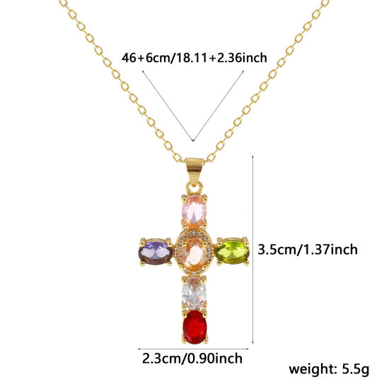 Image de Collier à Breloques Croix Plaqué Or Véritable 18K en Laiton Pour Femmes, Chaîne Maille Forçat 46cm + 6cm, à Zircone Cubique Multicolore Micro Pave, Religieux Vintage Cadeau, Respectueux de la Nature, 1 Pièce