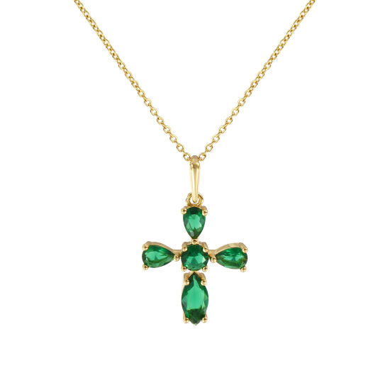 Image de Collier à Breloques Croix Plaqué Or Véritable 18K en Laiton Pour Femmes, Chaîne Maille Forçat 46cm + 6cm, à Strass Vert Religieux Vintage Cadeau, Respectueux de la Nature, 1 Pièce