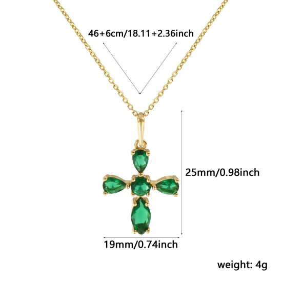 Image de Collier à Breloques Croix Plaqué Or Véritable 18K en Laiton Pour Femmes, Chaîne Maille Forçat 46cm + 6cm, à Strass Vert Religieux Vintage Cadeau, Respectueux de la Nature, 1 Pièce