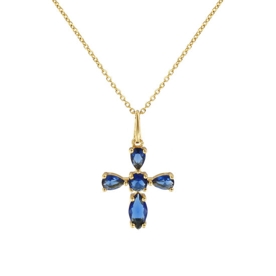 Image de Collier à Breloques Croix Plaqué Or Véritable 18K en Laiton Pour Femmes, Chaîne Maille Forçat 46cm + 6cm, à Strass Bleu Foncé Religieux Vintage Cadeau, Respectueux de la Nature, 1 Pièce