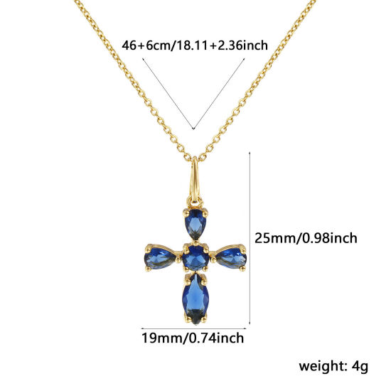 Image de Collier à Breloques Croix Plaqué Or Véritable 18K en Laiton Pour Femmes, Chaîne Maille Forçat 46cm + 6cm, à Strass Bleu Foncé Religieux Vintage Cadeau, Respectueux de la Nature, 1 Pièce