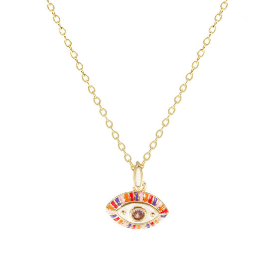 Image de 18K Real Gold Plated Link Cable Chain Eye Pendant Charm Necklace, Brass 46cm(18.1") + 6cm(2.4"), For Women, Pink Cubic Zirconia Multicolor Enamel Retro Exquisite Gift, Eco-friendly, 1 Piece