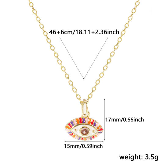 Image de 18K Real Gold Plated Link Cable Chain Eye Pendant Charm Necklace, Brass 46cm(18.1") + 6cm(2.4"), For Women, Pink Cubic Zirconia Multicolor Enamel Retro Exquisite Gift, Eco-friendly, 1 Piece