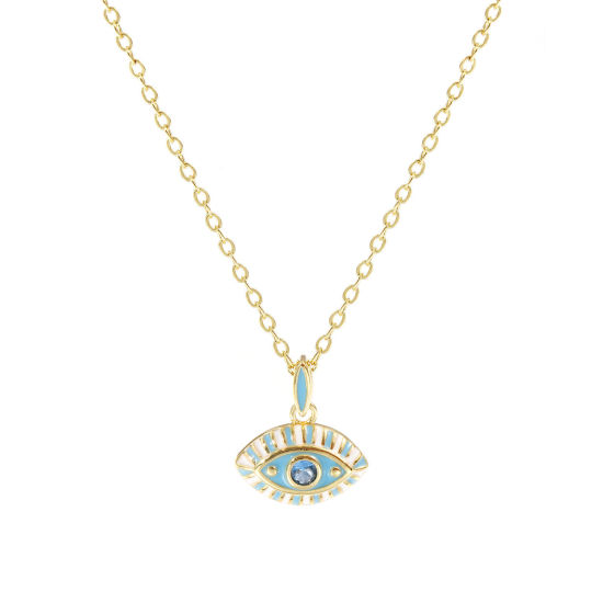 Image de 18K Real Gold Plated Link Cable Chain Eye Pendant Charm Necklace, Brass 46cm(18.1") + 6cm(2.4"), For Women, Blue Cubic Zirconia Blue Enamel Retro Exquisite Gift, Eco-friendly, 1 Piece