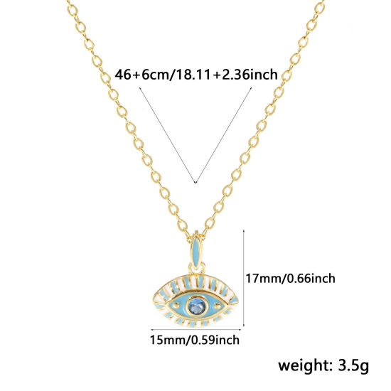Image de 18K Real Gold Plated Link Cable Chain Eye Pendant Charm Necklace, Brass 46cm(18.1") + 6cm(2.4"), For Women, Blue Cubic Zirconia Blue Enamel Retro Exquisite Gift, Eco-friendly, 1 Piece