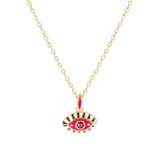 Image de 18K Real Gold Plated Link Cable Chain Eye Pendant Charm Necklace, Brass 46cm(18.1") + 6cm(2.4"), For Women, Wine Red Cubic Zirconia Fuchsia Enamel Retro Exquisite Gift, Eco-friendly, 1 Piece