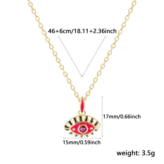 Image de 18K Real Gold Plated Link Cable Chain Eye Pendant Charm Necklace, Brass 46cm(18.1") + 6cm(2.4"), For Women, Wine Red Cubic Zirconia Fuchsia Enamel Retro Exquisite Gift, Eco-friendly, 1 Piece
