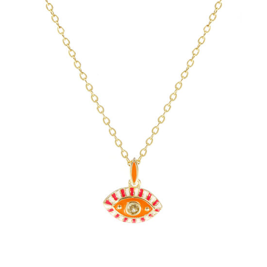 Image de 18K Real Gold Plated Link Cable Chain Eye Pendant Charm Necklace, Brass 46cm(18.1") + 6cm(2.4"), For Women, Pale Yellow Cubic Zirconia Orange Enamel Retro Exquisite Gift, Eco-friendly, 1 Piece