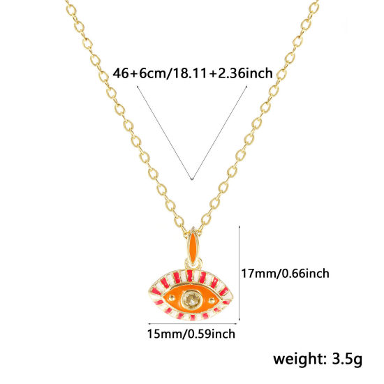 Image de 18K Real Gold Plated Link Cable Chain Eye Pendant Charm Necklace, Brass 46cm(18.1") + 6cm(2.4"), For Women, Pale Yellow Cubic Zirconia Orange Enamel Retro Exquisite Gift, Eco-friendly, 1 Piece