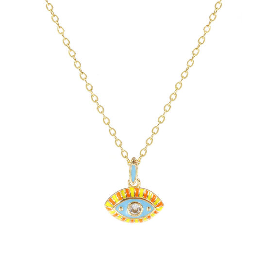 Image de 18K Real Gold Plated Link Cable Chain Eye Pendant Charm Necklace, Brass 46cm(18.1") + 6cm(2.4"), For Women, Clear Cubic Zirconia Multicolor Enamel Retro Exquisite Gift, Eco-friendly, 1 Piece
