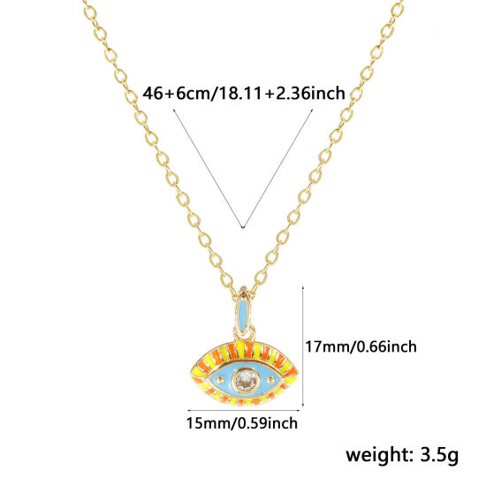 Image de 18K Real Gold Plated Link Cable Chain Eye Pendant Charm Necklace, Brass 46cm(18.1") + 6cm(2.4"), For Women, Clear Cubic Zirconia Multicolor Enamel Retro Exquisite Gift, Eco-friendly, 1 Piece