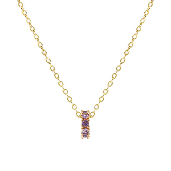 Image de 18K Real Gold Plated Link Cable Chain Circle Ring Pendant Charm Necklace, Brass 46cm(18.1") + 6cm(2.4"), For Women, Purple Cubic Zirconia February Dainty Birthstone Gift, Eco-friendly, 1 Piece