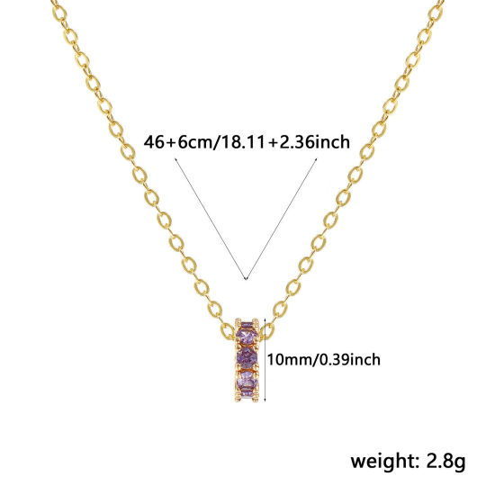 Image de 18K Real Gold Plated Link Cable Chain Circle Ring Pendant Charm Necklace, Brass 46cm(18.1") + 6cm(2.4"), For Women, Purple Cubic Zirconia February Dainty Birthstone Gift, Eco-friendly, 1 Piece