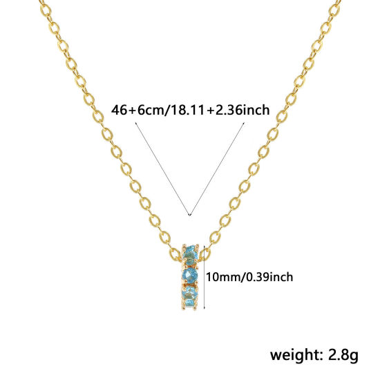 Image de 18K Real Gold Plated Link Cable Chain Circle Ring Pendant Charm Necklace, Brass 46cm(18.1") + 6cm(2.4"), For Women, Aqua Blue Cubic Zirconia March Dainty Birthstone Gift, Eco-friendly, 1 Piece