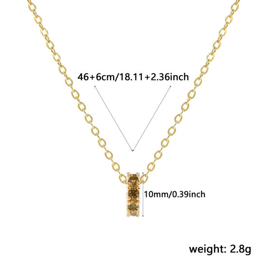 Image de 18K Real Gold Plated Link Cable Chain Circle Ring Pendant Charm Necklace, Brass 46cm(18.1") + 6cm(2.4"), For Women, Olive Green Cubic Zirconia August Dainty Birthstone Gift, Eco-friendly, 1 Piece