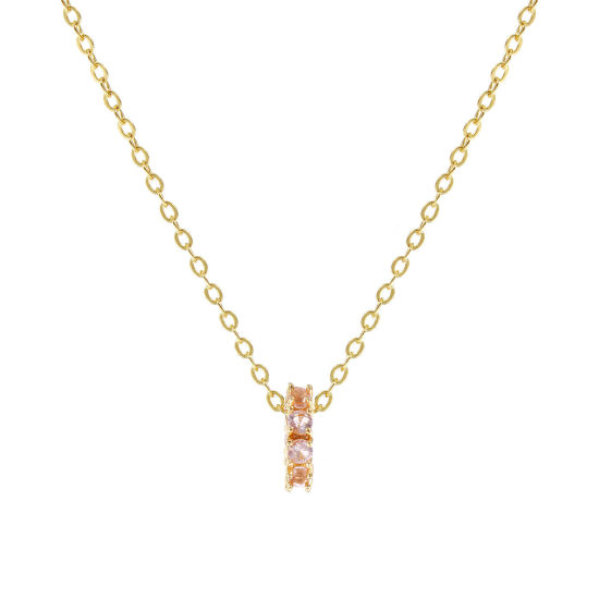 Image de 18K Real Gold Plated Link Cable Chain Circle Ring Pendant Charm Necklace, Brass 46cm(18.1") + 6cm(2.4"), For Women, Light Pink Cubic Zirconia October Dainty Birthstone Gift, Eco-friendly, 1 Piece