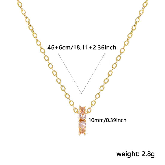 Image de 18K Real Gold Plated Link Cable Chain Circle Ring Pendant Charm Necklace, Brass 46cm(18.1") + 6cm(2.4"), For Women, Light Pink Cubic Zirconia October Dainty Birthstone Gift, Eco-friendly, 1 Piece
