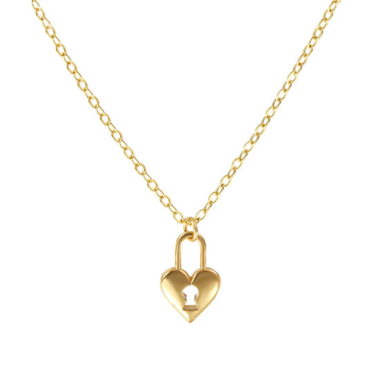 Image de Collier à Breloques Serrure Plaqué Or Véritable 18K en Laiton Pour Femmes, Chaîne Maille Forçat 46cm + 6cm, Creux, La Saint Valentin À la Mode Cadeau, Respectueux de la Nature, 1 Pièce