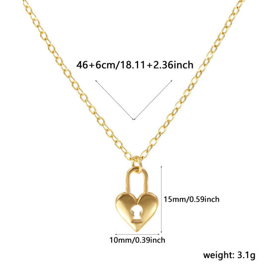 Image de Collier à Breloques Serrure Plaqué Or Véritable 18K en Laiton Pour Femmes, Chaîne Maille Forçat 46cm + 6cm, Creux, La Saint Valentin À la Mode Cadeau, Respectueux de la Nature, 1 Pièce