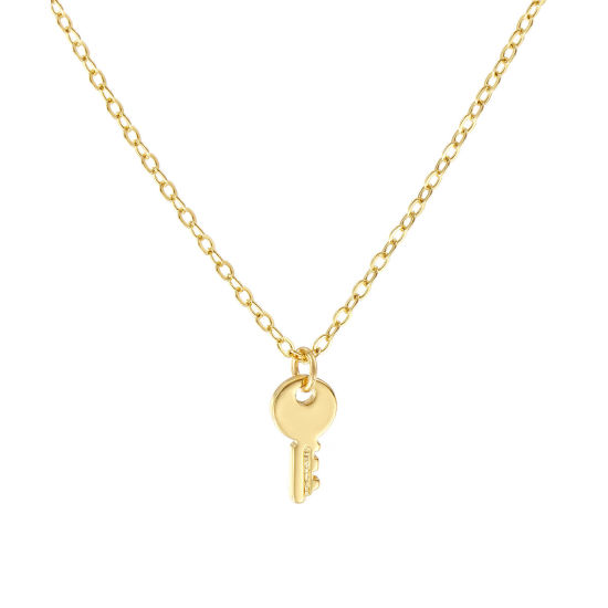 Image de Collier à Breloques Clé Plaqué Or Véritable 18K en Laiton Pour Femmes, Chaîne Maille Forçat 46cm + 6cm, Exquis À la Mode Cadeau, Respectueux de la Nature, 1 Pièce