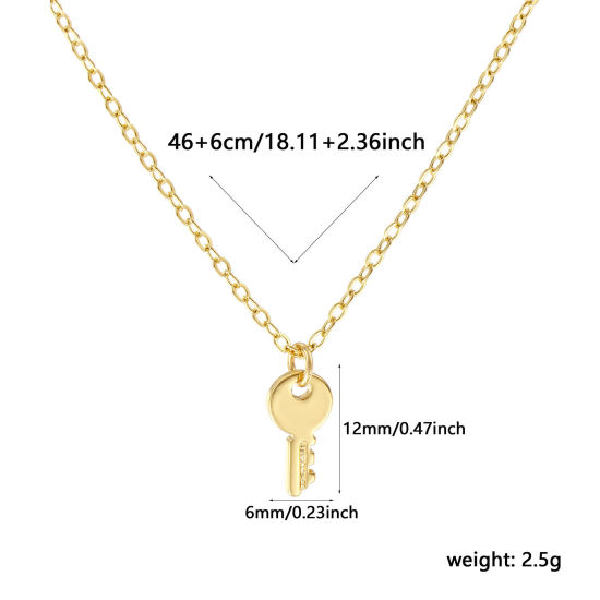 Image de Collier à Breloques Clé Plaqué Or Véritable 18K en Laiton Pour Femmes, Chaîne Maille Forçat 46cm + 6cm, Exquis À la Mode Cadeau, Respectueux de la Nature, 1 Pièce
