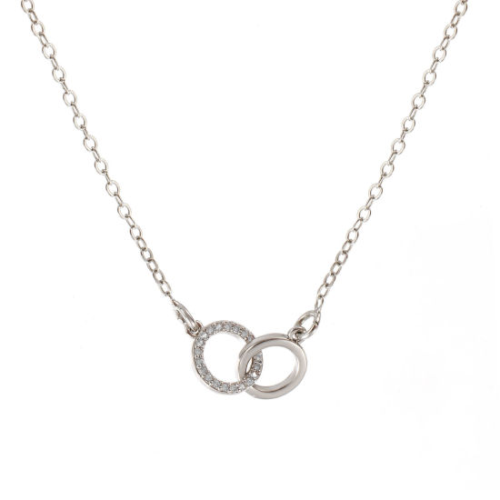 Image de Collier à Breloques Double Cercle Plaqué Platine Véritable en Laiton Pour Femmes, Chaîne Maille Forçat 46cm + 5cm, à Zircone Cubique Clair Micro Pave, Exquis À la Mode Cadeau, Respectueux de la Nature, 1 Pièce