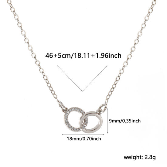 Image de Collier à Breloques Double Cercle Plaqué Platine Véritable en Laiton Pour Femmes, Chaîne Maille Forçat 46cm + 5cm, à Zircone Cubique Clair Micro Pave, Exquis À la Mode Cadeau, Respectueux de la Nature, 1 Pièce