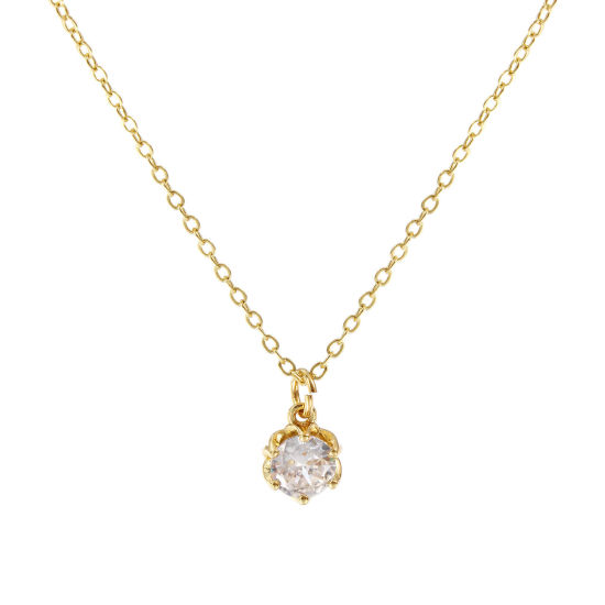 Image de Collier à Breloques Fleur Plaqué Or Véritable 18K en Laiton Pour Femmes, Chaîne Maille Forçat 45cm + 5cm, à Zircone Cubique Clair Micro Pave, Exquis À la Mode Cadeau, Respectueux de la Nature, 1 Pièce